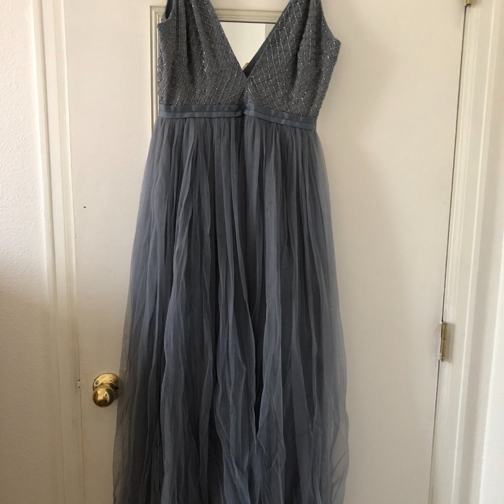 Slate Blue Beaded Tulle Ballerina Gown